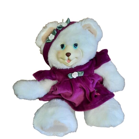 Vintage 1998 Fisher Price Stuffed Bear With Purple Dress with a flower - Picture 1 of 10